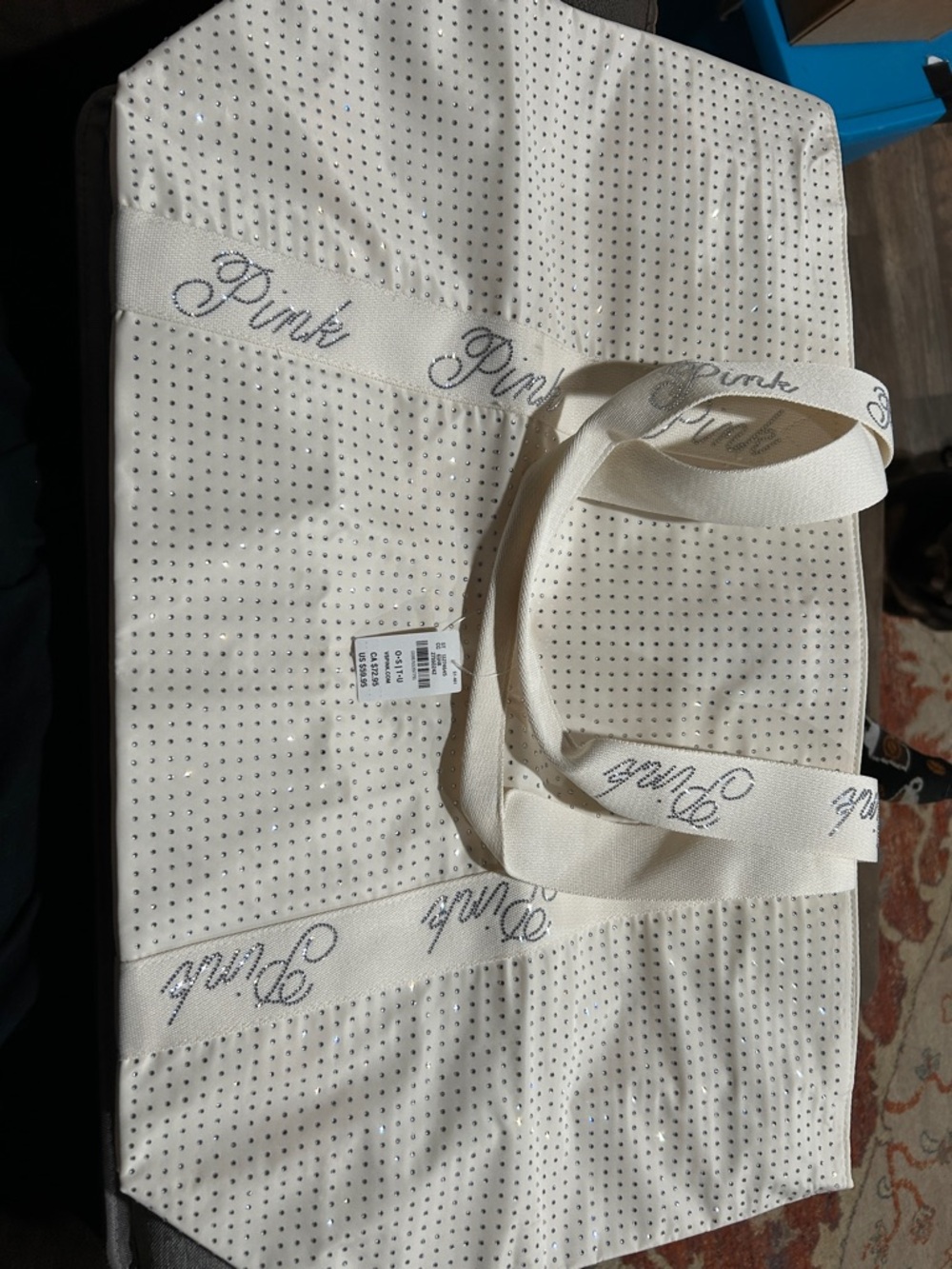 PINK Victoria's Secret Cream Canvas Tote with Rhinestone Accent